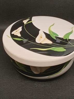 Floral Storage Jar in White and Black Vintage Hankook Ceramic Lidded Bowl